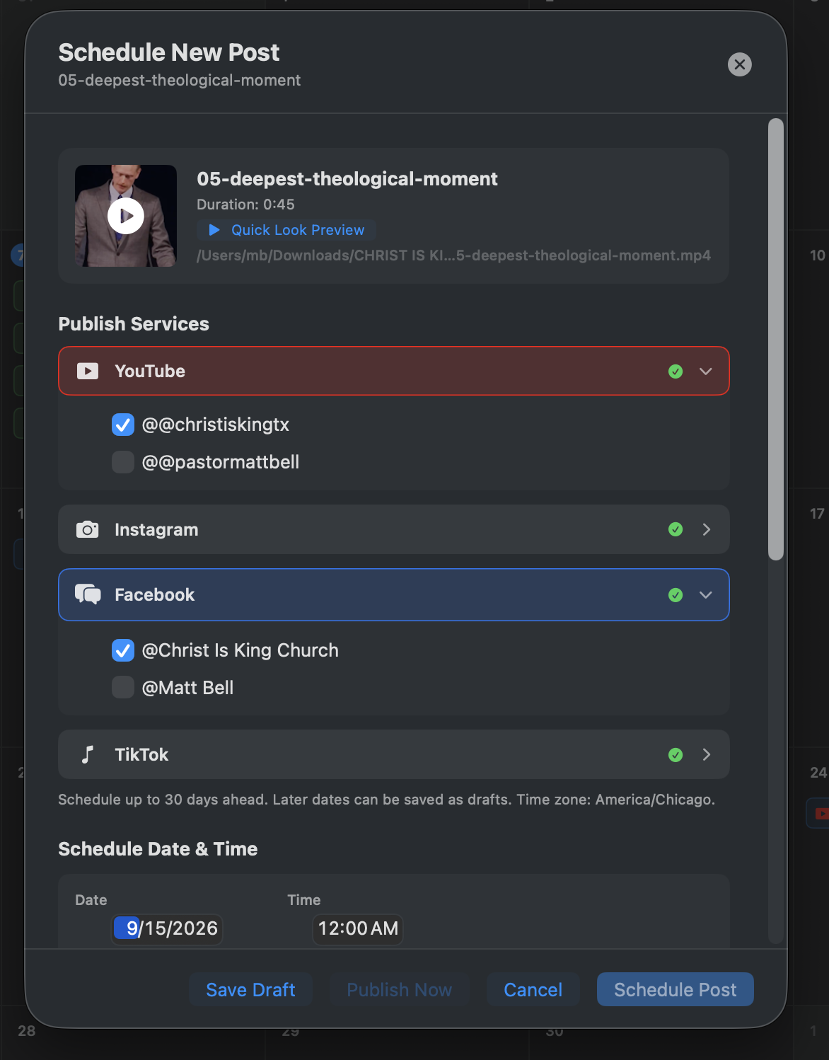 Schedule New Post dialog showing connected social accounts, date and time, and draft, publish, and schedule actions.
