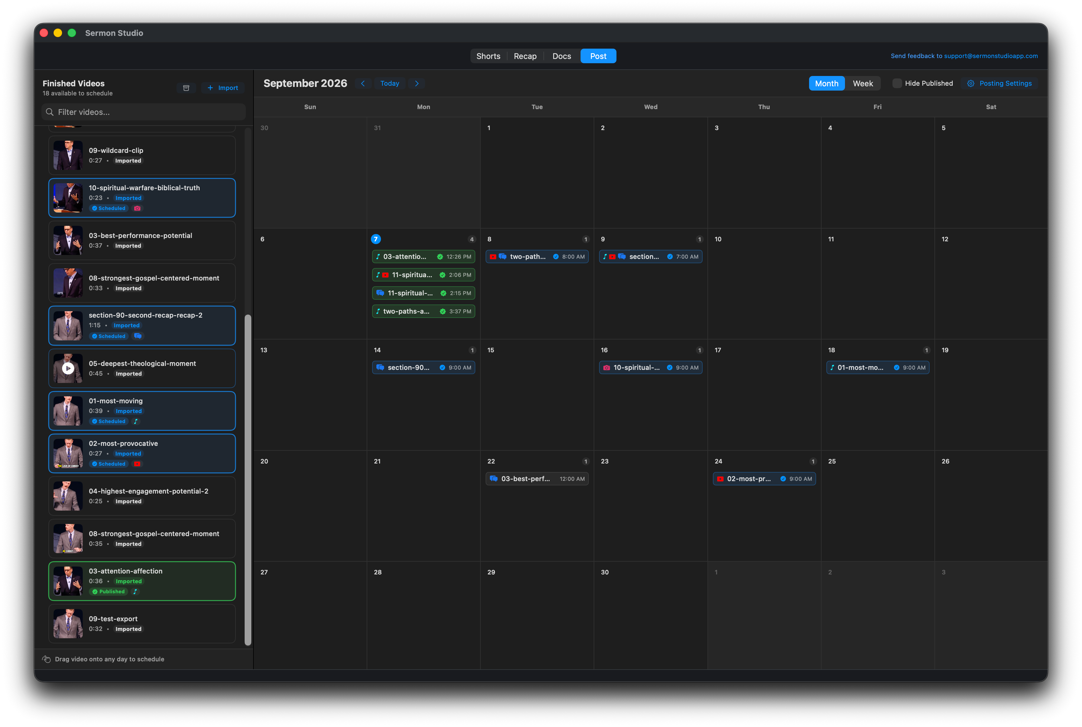 Sermon Studio Post workspace with finished videos beside a monthly calendar of scheduled and published posts.